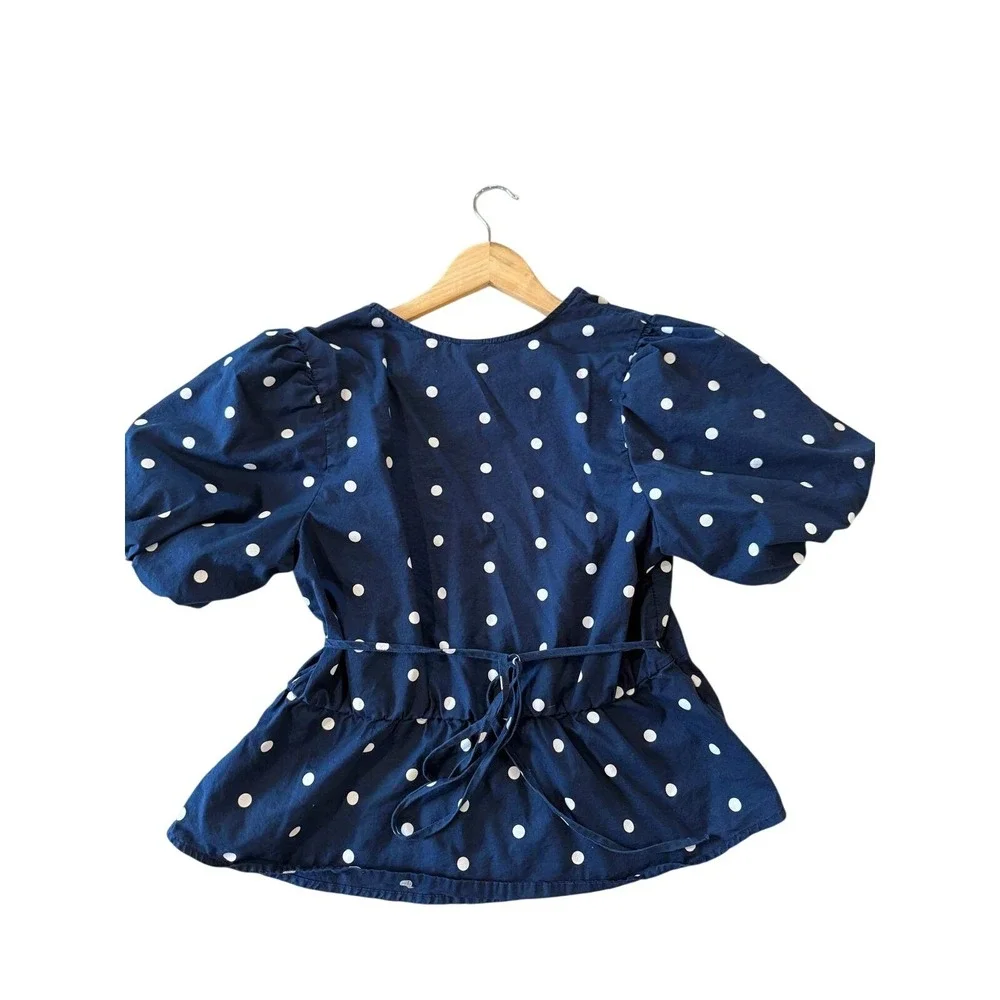 Old Navy Womens Navy Blue Polka Dot Puff Sleeve Wrap Peplum Blouse Top Size‎ L